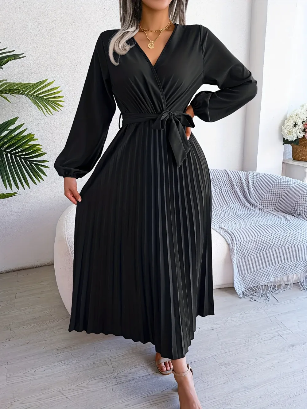 Chic Pleated Dress with Surplice Neckline