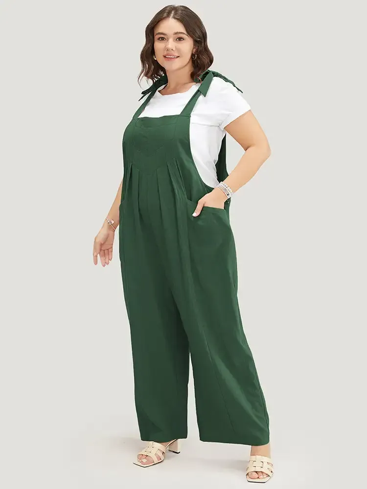 Solid Pleated Detail Pocket Knotted Shoulder Overall Jumpsuit