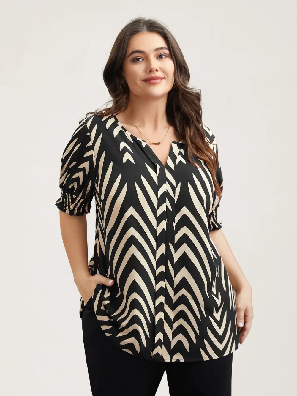 Geometric Print Ruffled Shirred Shirt