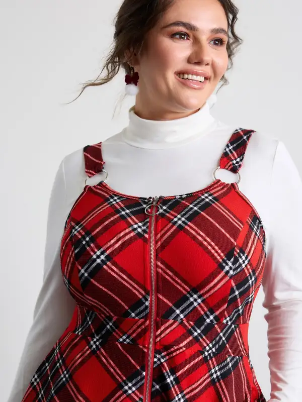 Plaid Print Zipper Overall Straps Mini Dress