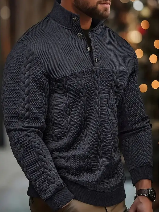 Men'S Vintage Jacquard Fabric Button-Down Stand Collar Long-Sleeved Sweatshirt