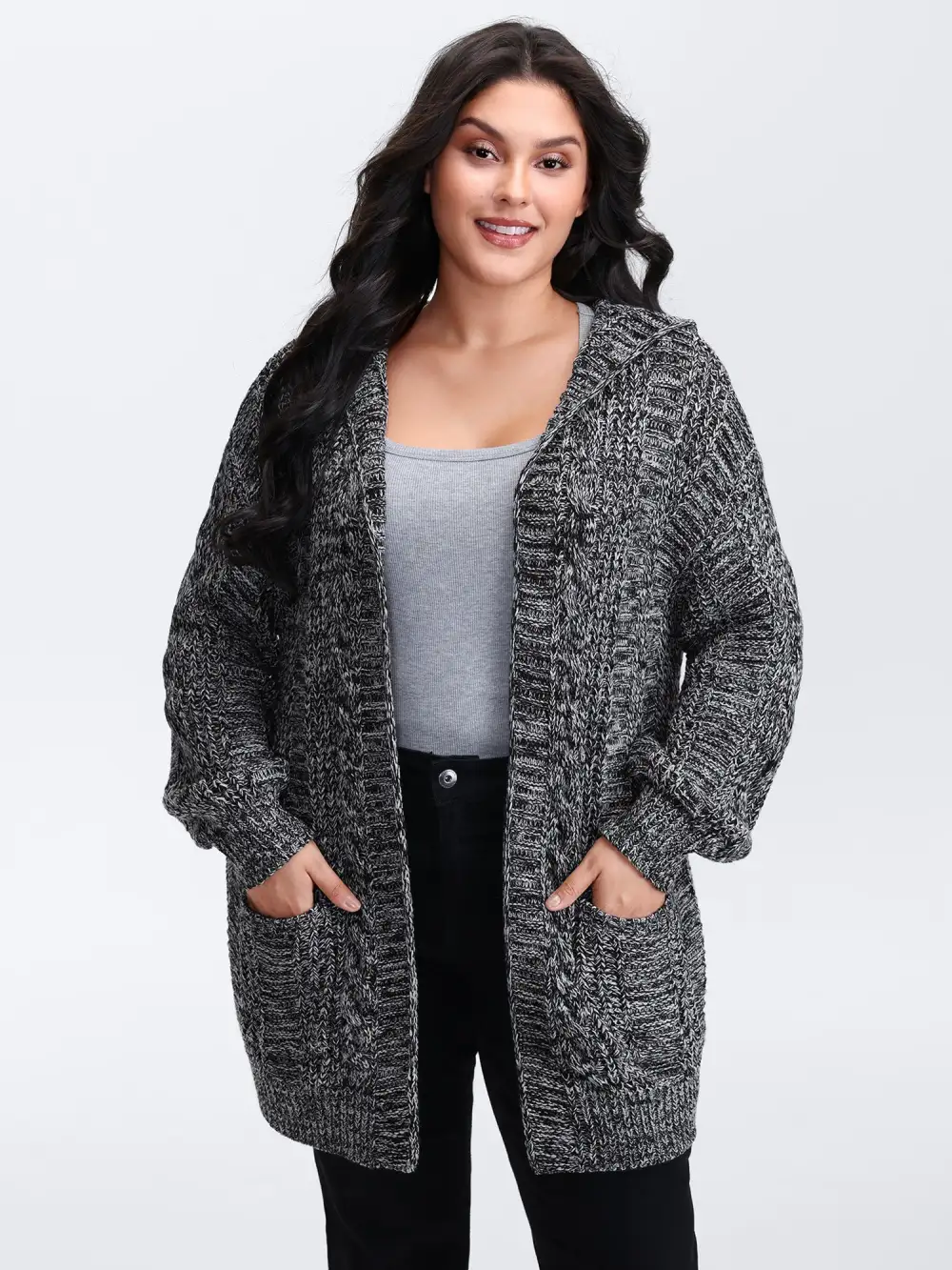 Textured Open Front Hooded Knit Cardigan
