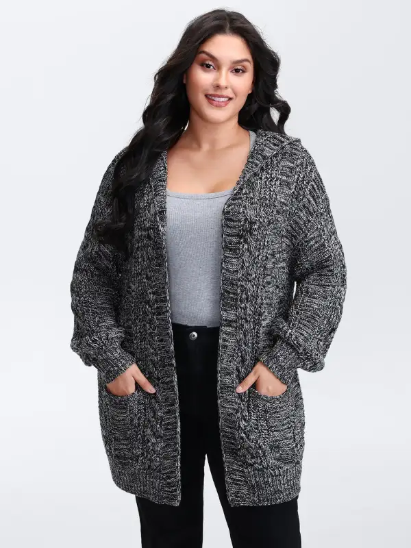 Textured Open Front Hooded Knit Cardigan