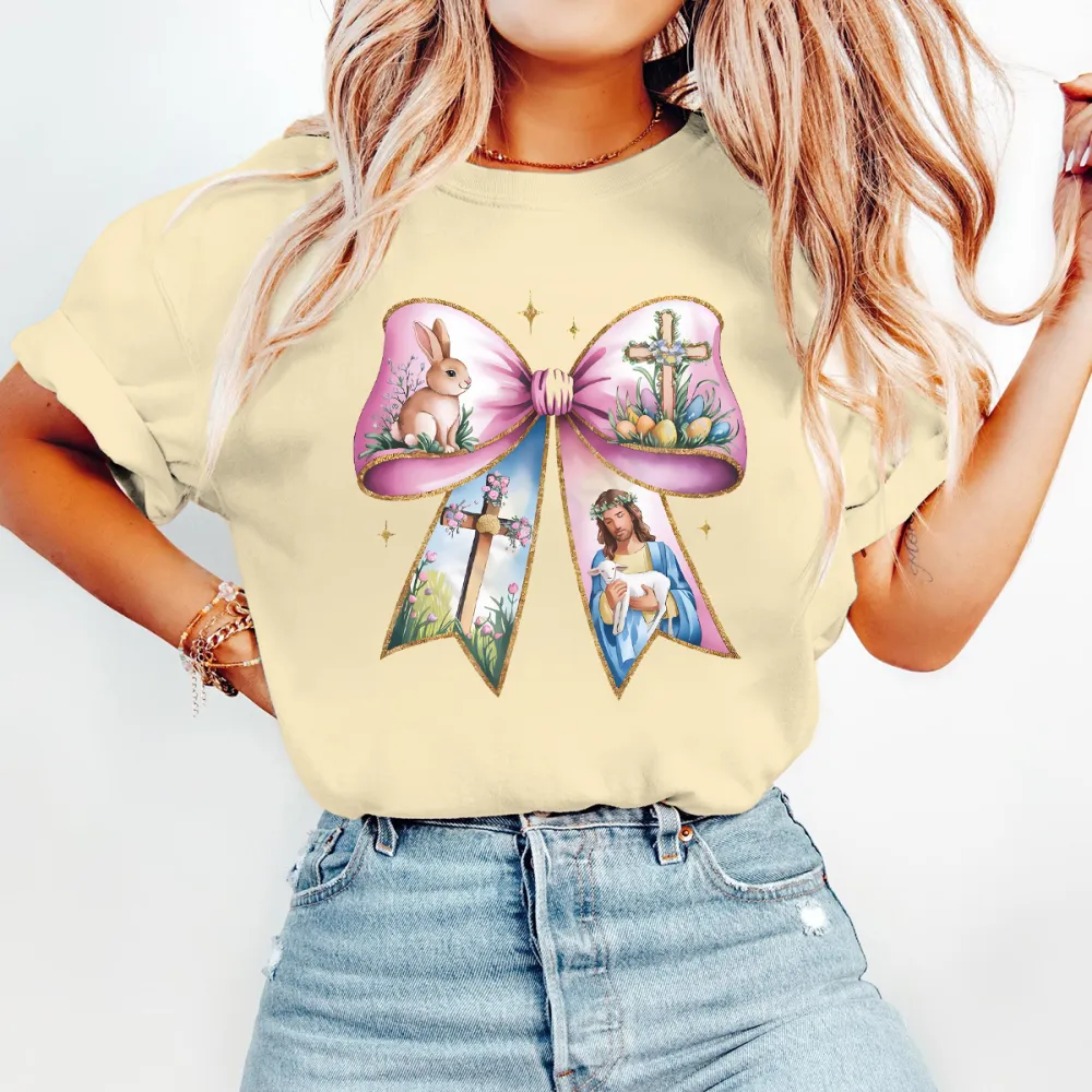 Easter Jesus Bunny Sheep Printed Round Neck Short Sleeve T-Shirt