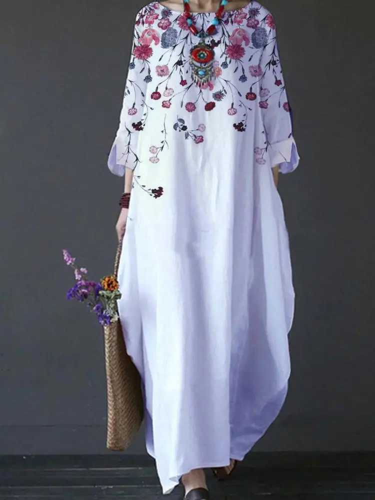 Women's Loose Slit Cuff Floral Printed Dress