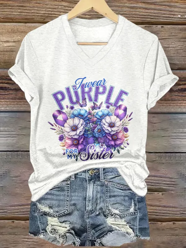 Women'S  purple V-Neck T-Shirt