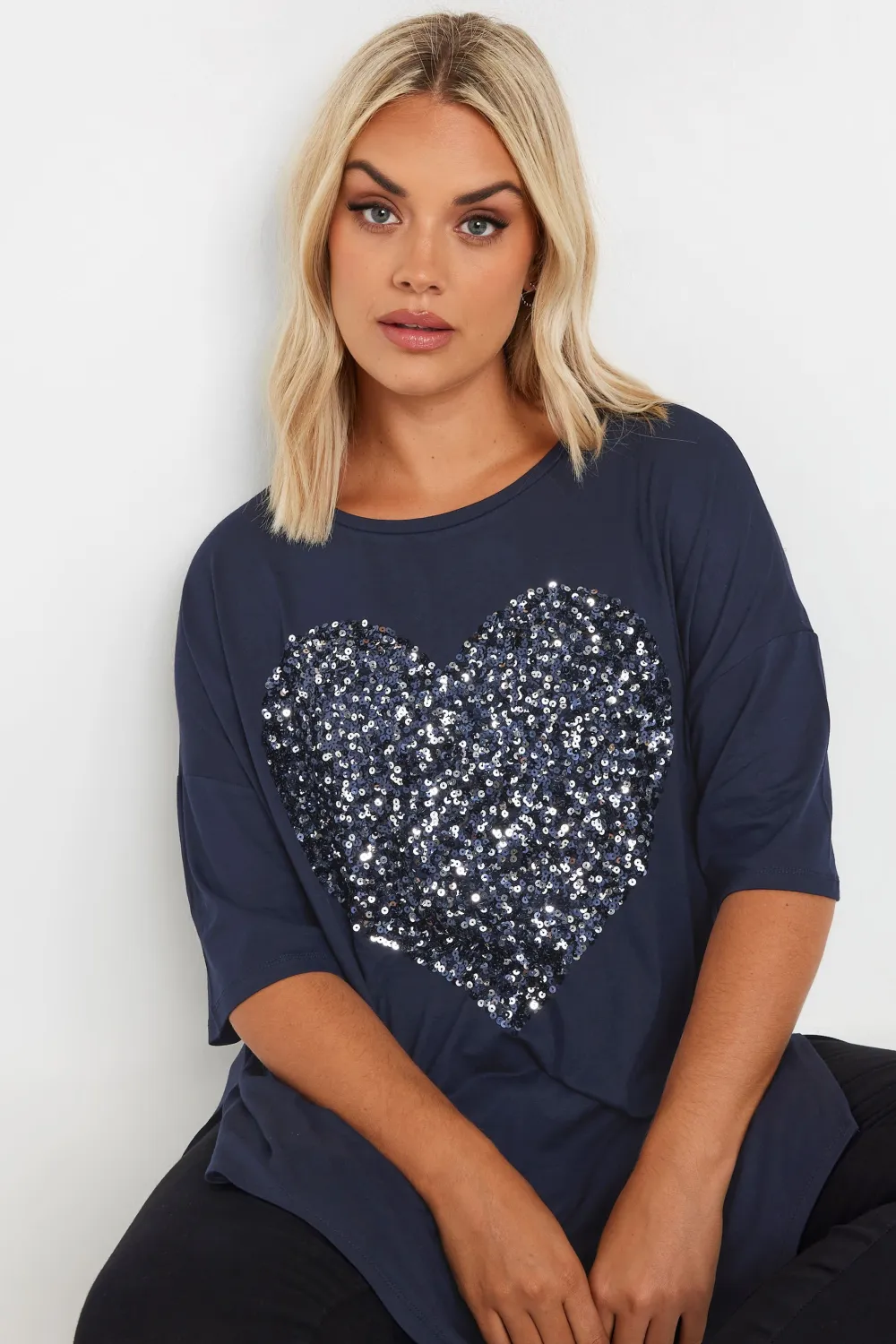 YOURS Curve Red Heart Sequin Embellished T-Shirt