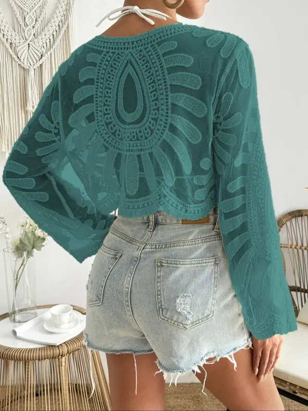 Women's Floral Embroidered Sheer Long Sleeve Beach Cover Up