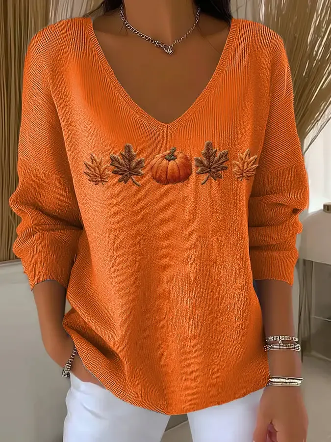 Women's Casual Autumn Maple Leaf Pumpkin Striped Long-Sleeved V-Neck Top