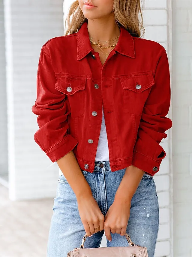 Women's Denim Jacket Outdoor Button Plain Breathable Fashion Regular Fit Outerwear Long Sleeve Fall Light Blue S