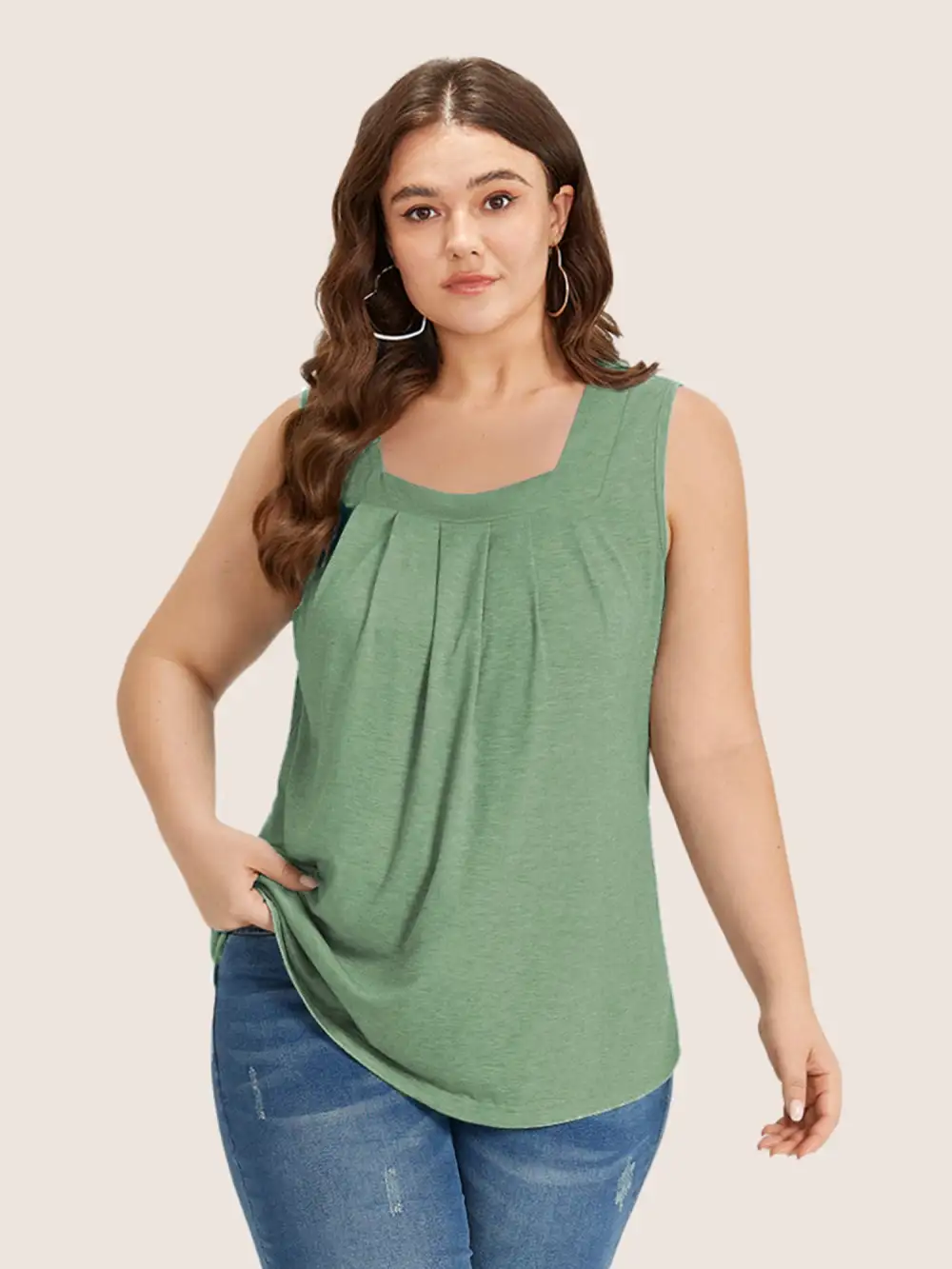 Heather Plicated Detail Square Neck Tank Top