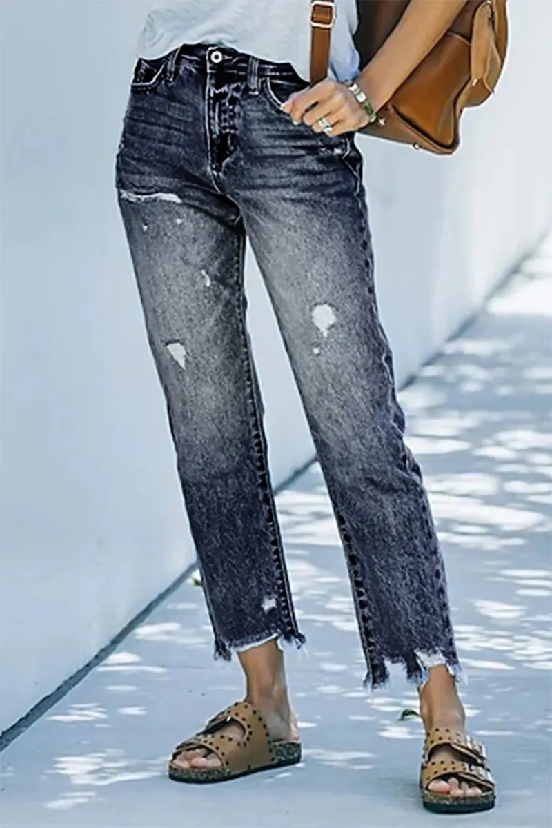 Ripped Raw Hem Zip Fly Jeans