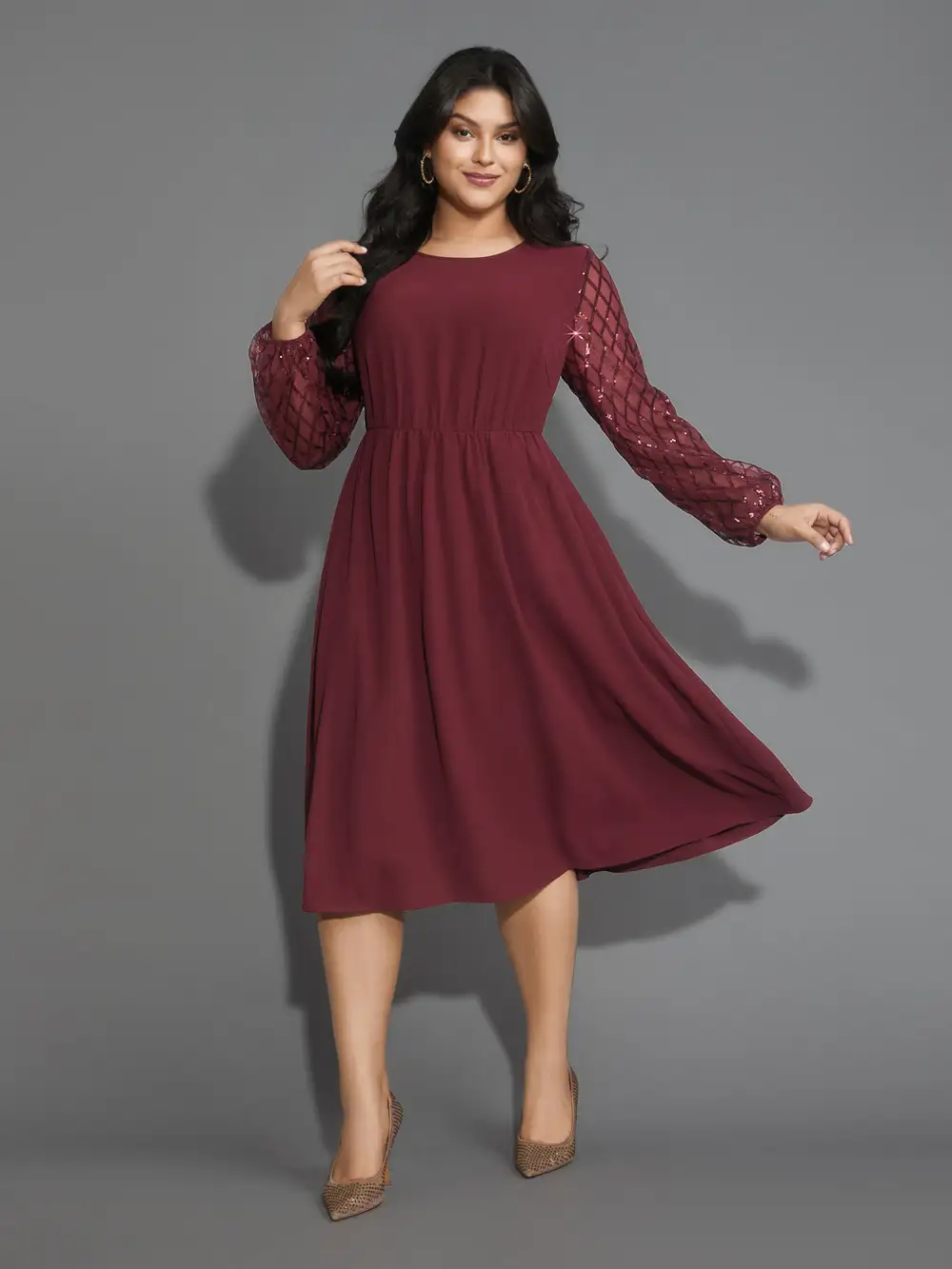 Texture Sequin Mesh Patchwork Belted Dress