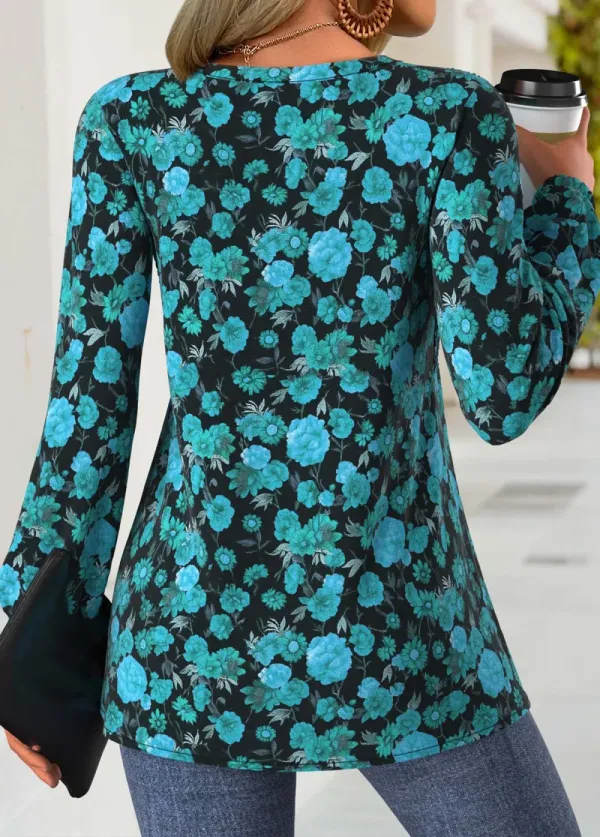 Mint Green Peplum Floral Print Long Sleeve Split Neck Blouse