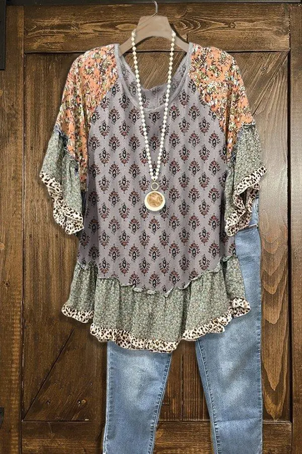Vintage Floral Leopard Print Ruffled Top