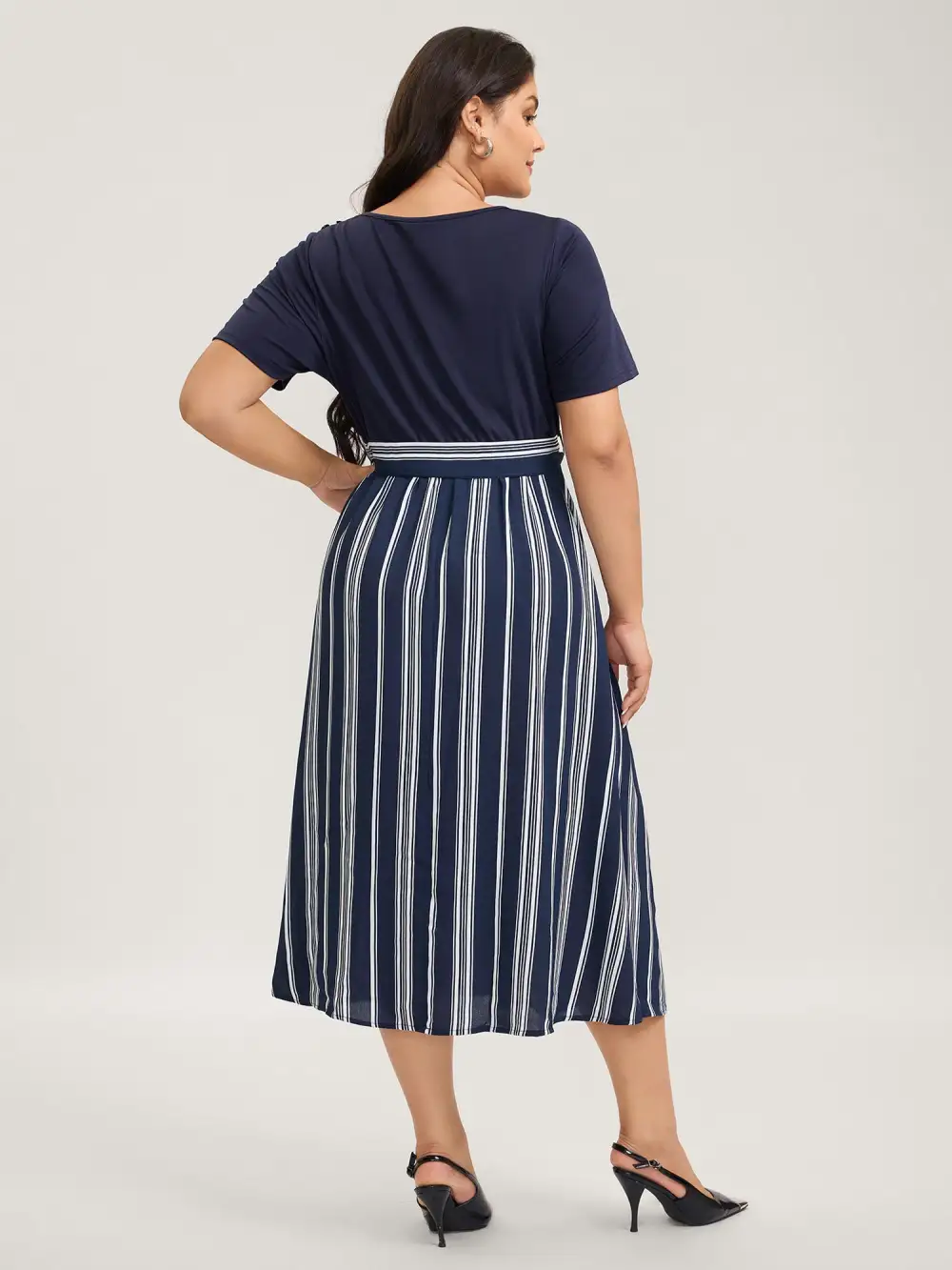 Striped Contrast Print Waist-Cinched Midi Dress