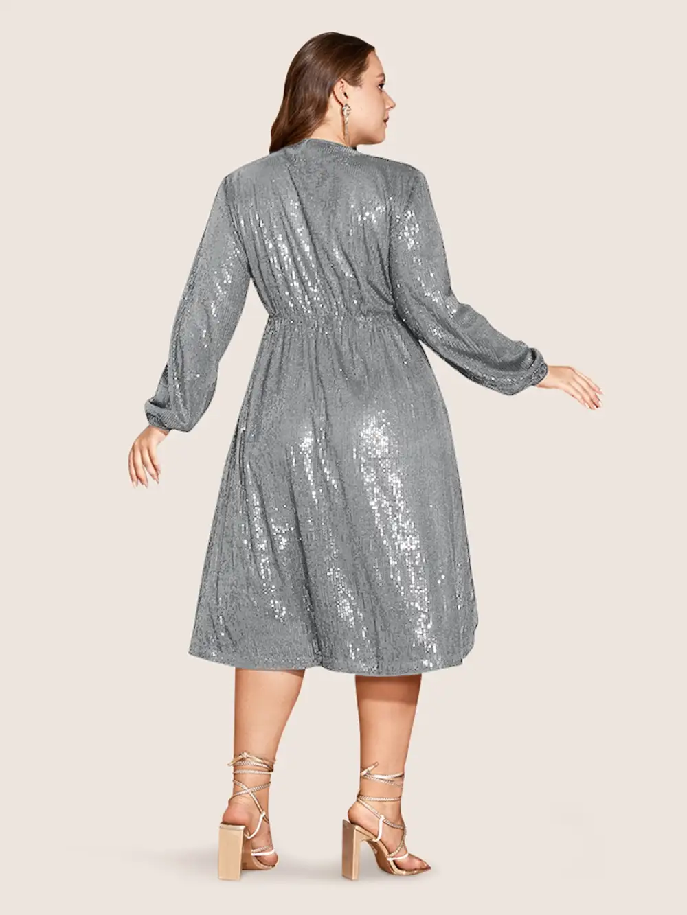 Solid Pocket Lantern Sleeve Wrap Sequin Dress