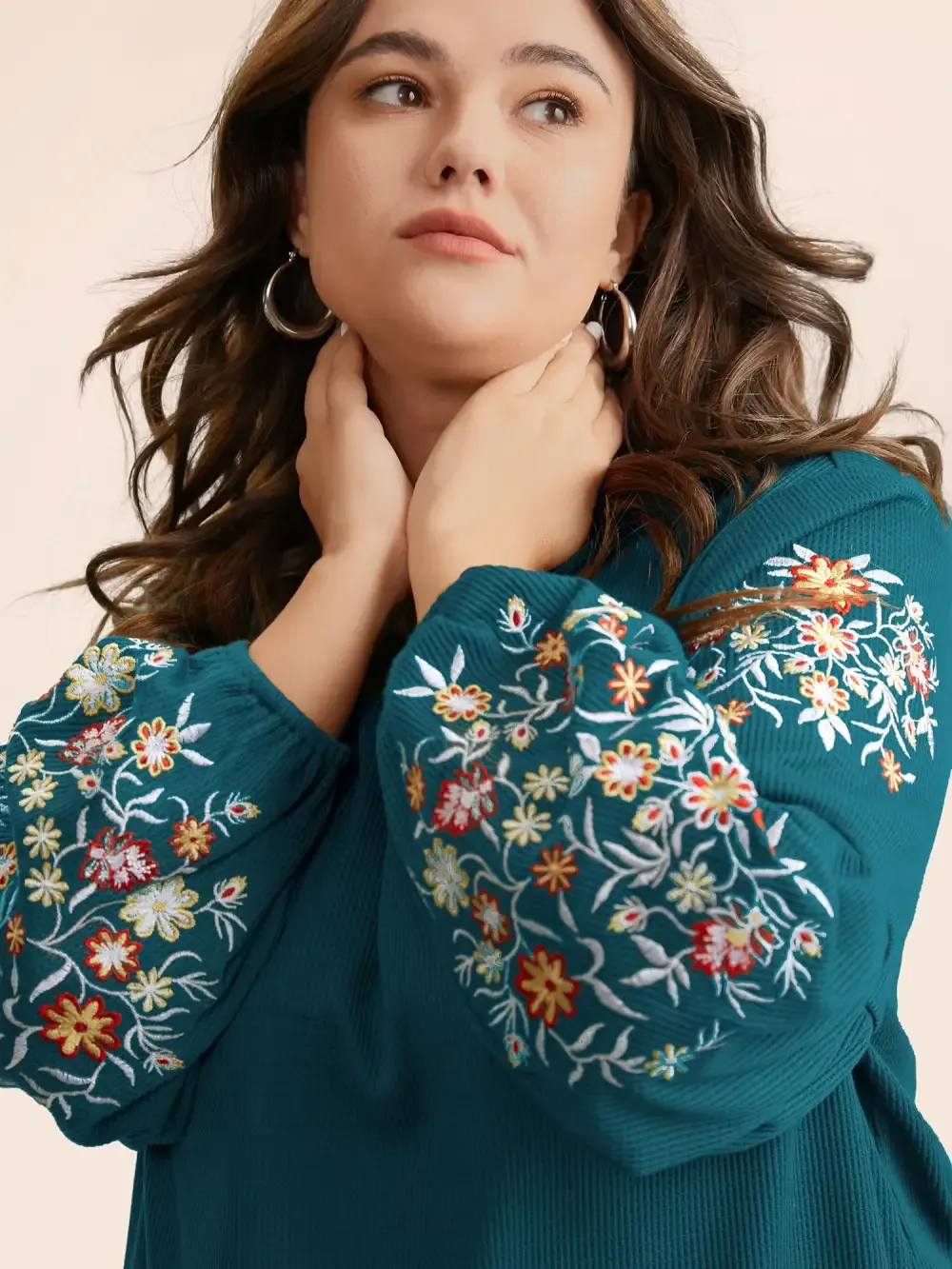 Waffle Knit Floral Embroidered Lantern Sleeve T-Shirt