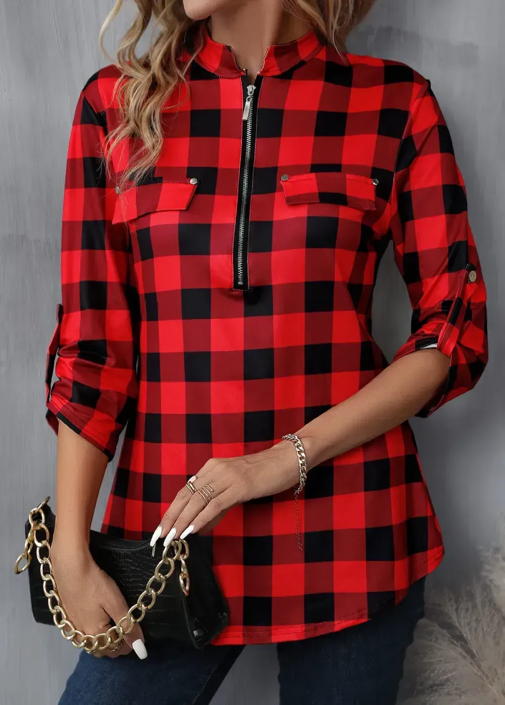 Red Zipper Plaid Long Sleeve High Neck Blouse