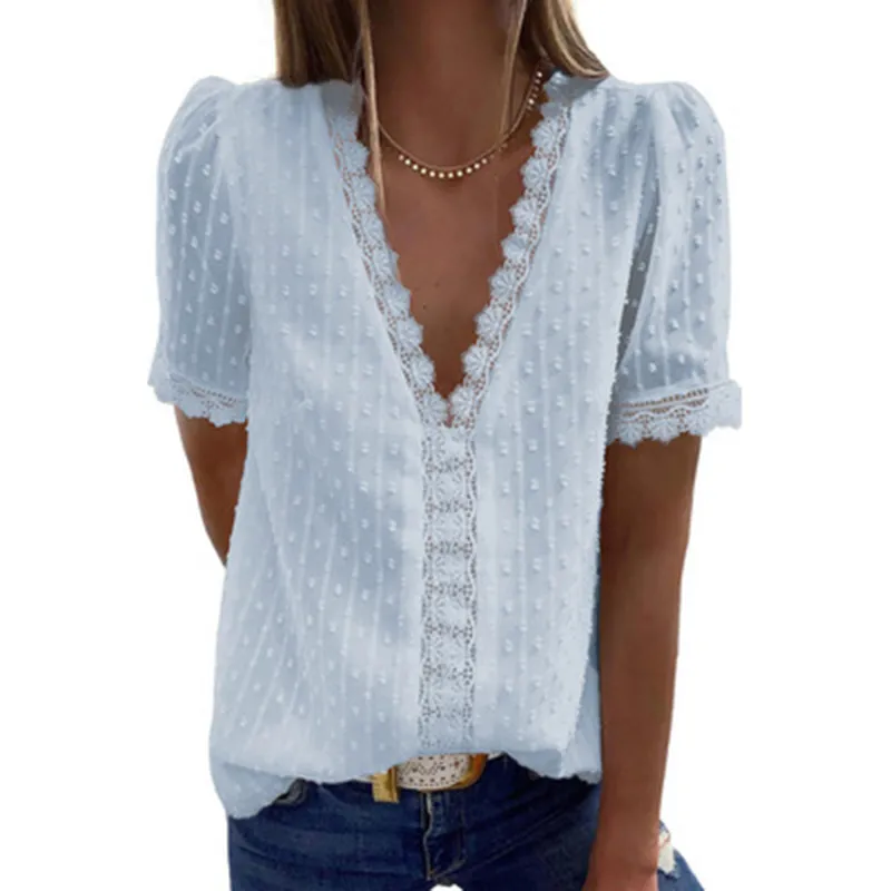 Solid V-Neckline Short Sleeve Blouses