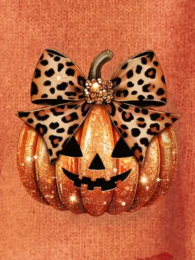 Leopard Coquette Bow Pumpkin Print Halloween Knitted Casual Loose Sweater