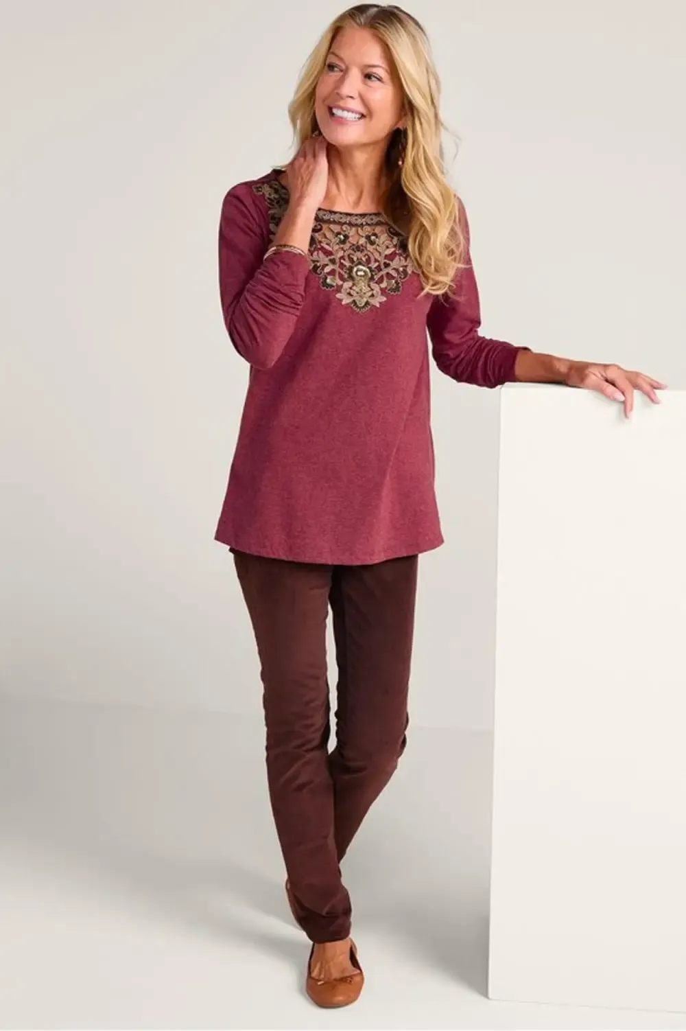 Embroidered Gleam Long Sleeve Knit Top