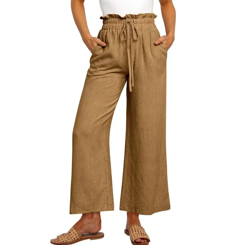 Women's Linen Wide Leg Pants – High Waist Drawstring Trousers with Pockets