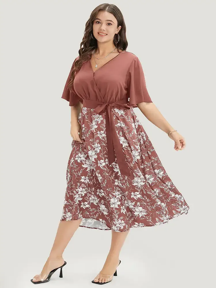 Floral Patchwork Pocket Belt Surplice Neck Ruffle Hem Dress