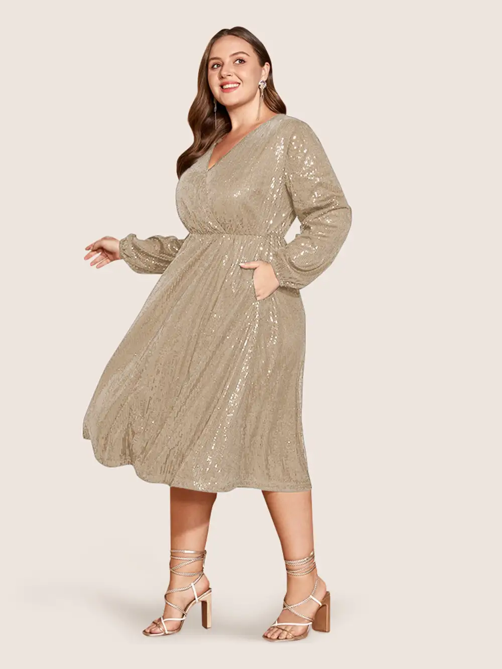 Solid Pocket Lantern Sleeve Wrap Sequin Dress