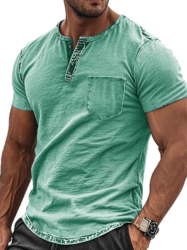 Men's Fashion Retro Distressed Pocket Short-sleeved Henley Shirt
