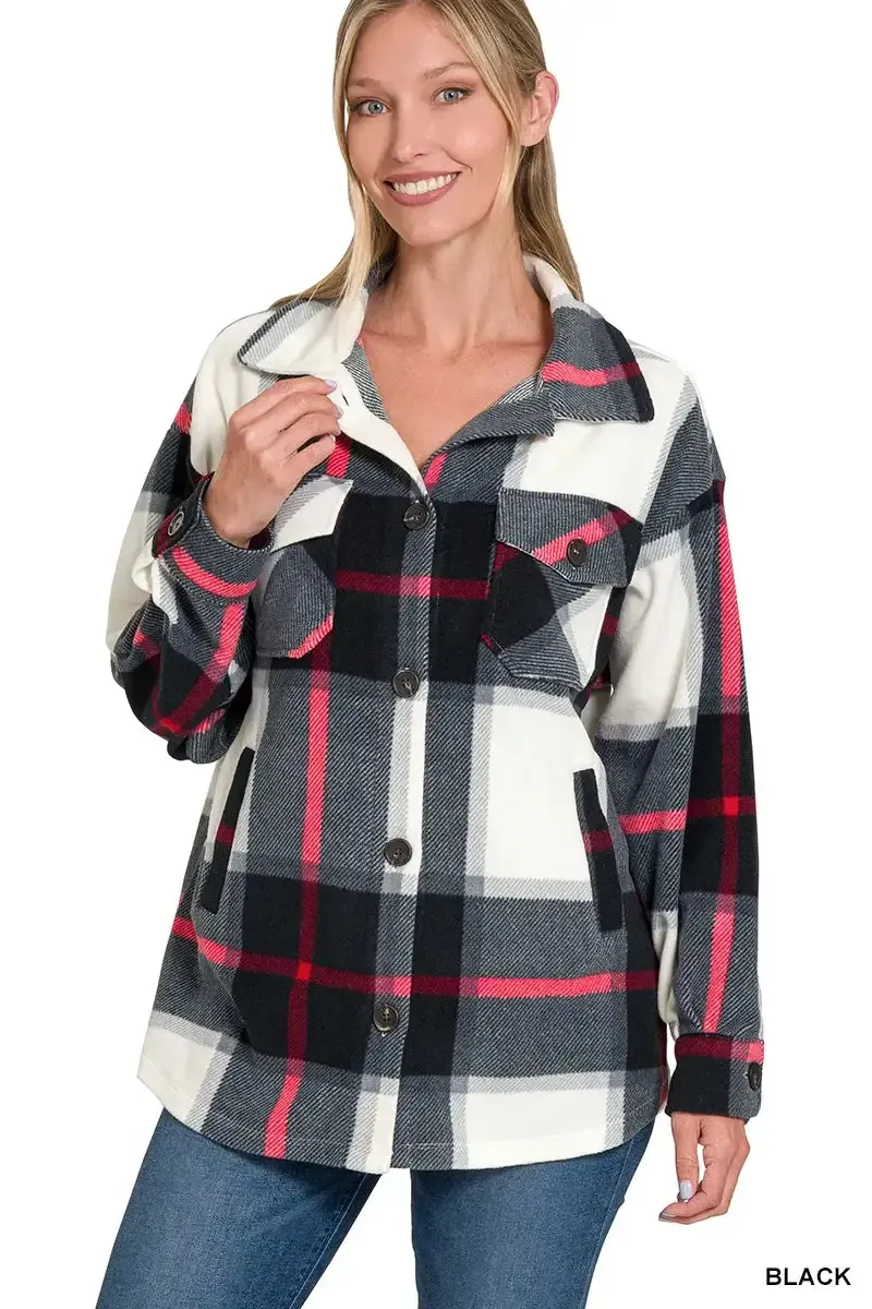 Zenana Oversized Plaid Fleece Shacket