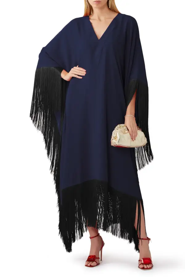 Fringed Formal  MIDI Coco Bella Silk Blend kaftan Maxi- Navy