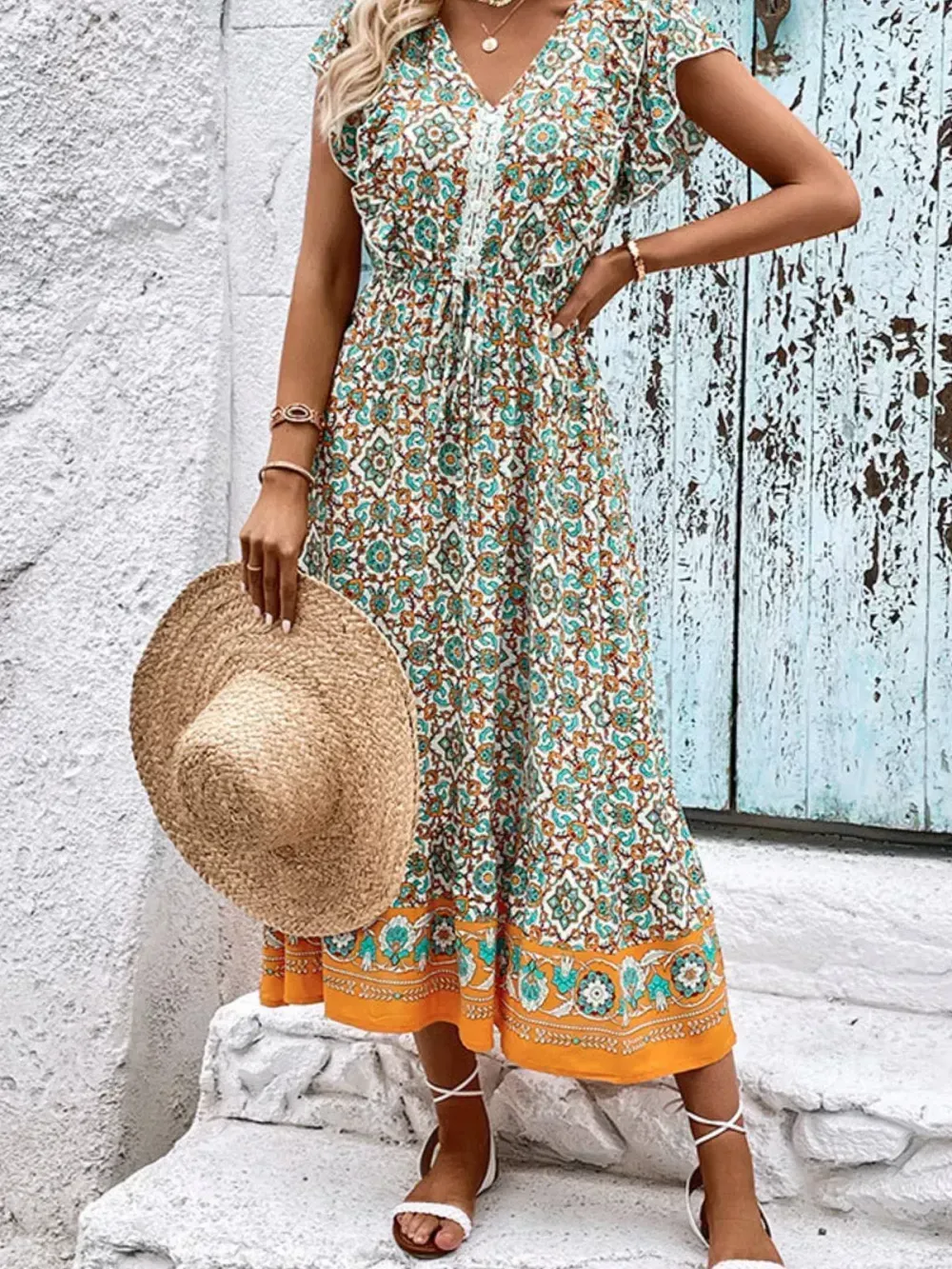 Women Floral V Neck Short Sleeve Comfy Casual Midi Dress
