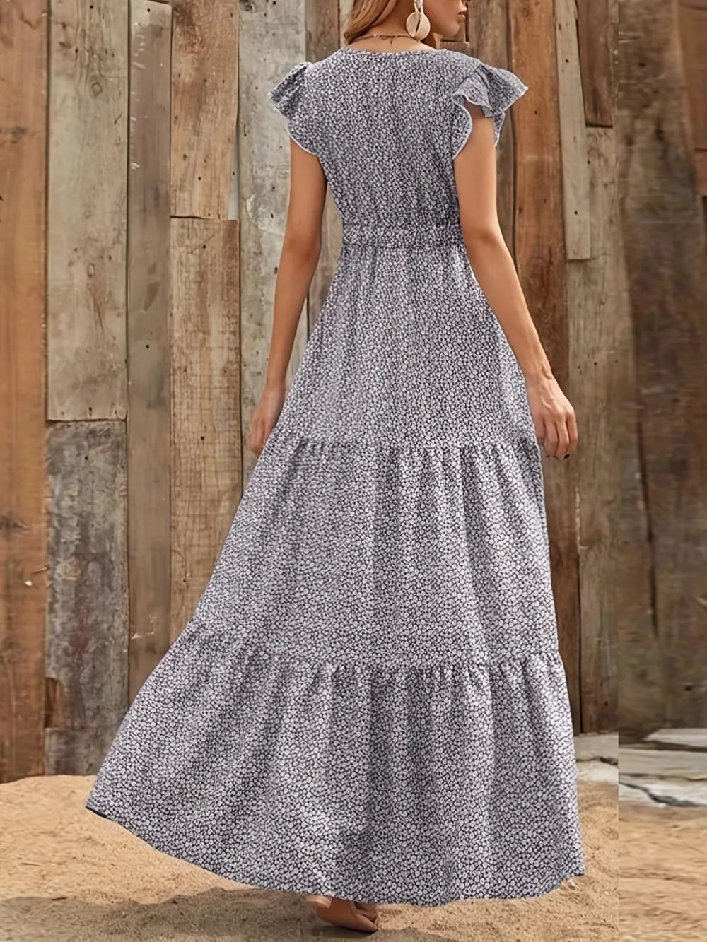 Ditsy Floral Print High Waist Dress, Elegant Ruffle Trim Sleeveless V Neck Maxi Dress, Women's Clothing