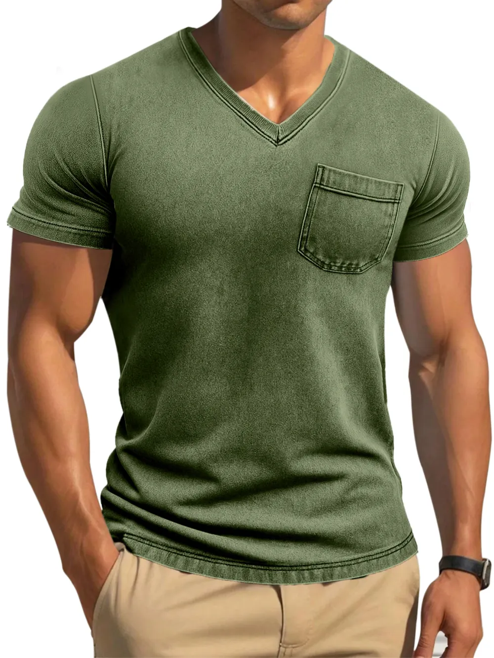 Men's Retro Solid Color Tight And Comfortable V-neck Short-sleeved T-shirt