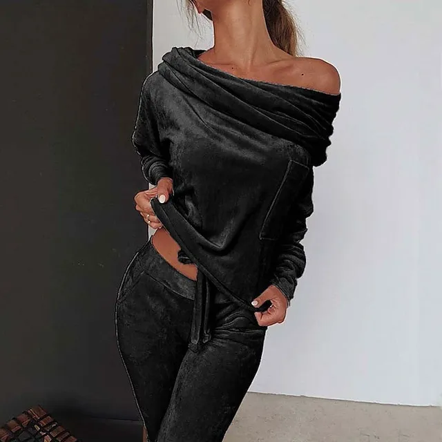 Women's Shirt Pants Sets Velvet Casual Daily Elegant Fashion Streetwear Long Sleeve Off Shoulder Black Fall & Winter
