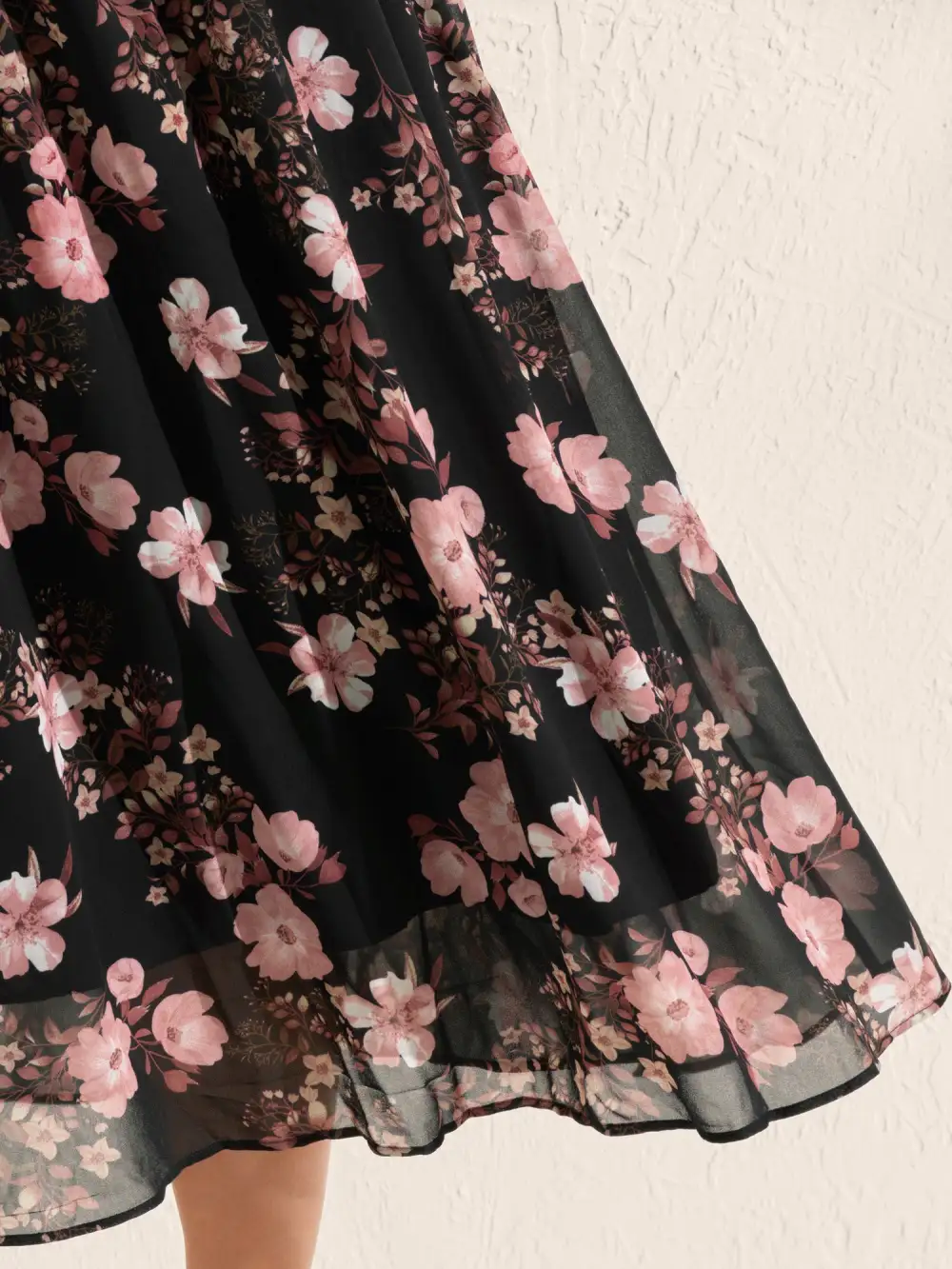 Chiffon Floral Print Lace Trim Midi Dress