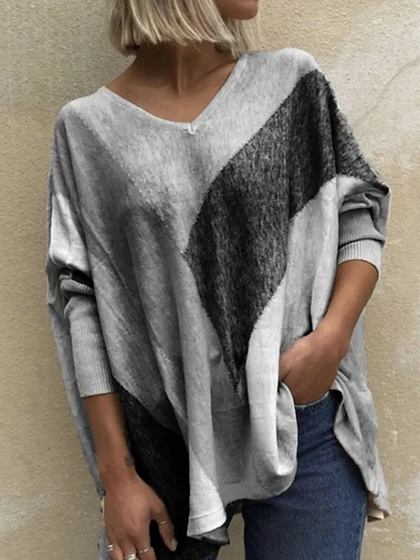 Women's T shirt Tee Beige Gray Color Block Print Long Sleeve Daily Weekend Daily Basic V Neck Loose Fit Painting Fall & Winter