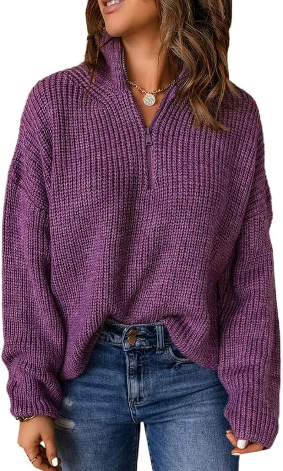 Womens Sweaters Long Sleeve 1/4 Zip Pullover Polo V Neck Dressy Casual Tops