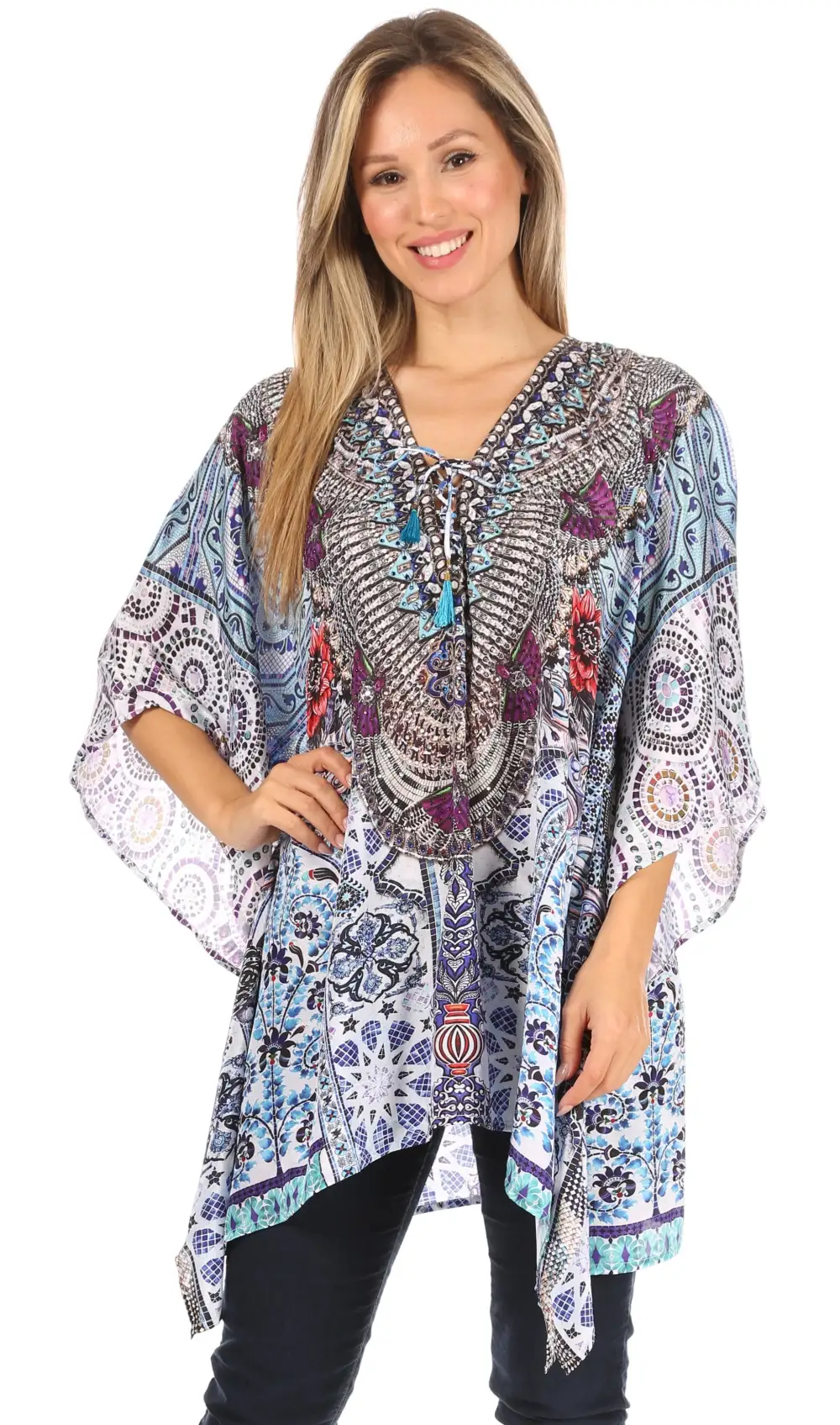 Women's Caftan Poncho Cover up V neck Top Lace up With Rhinestone
