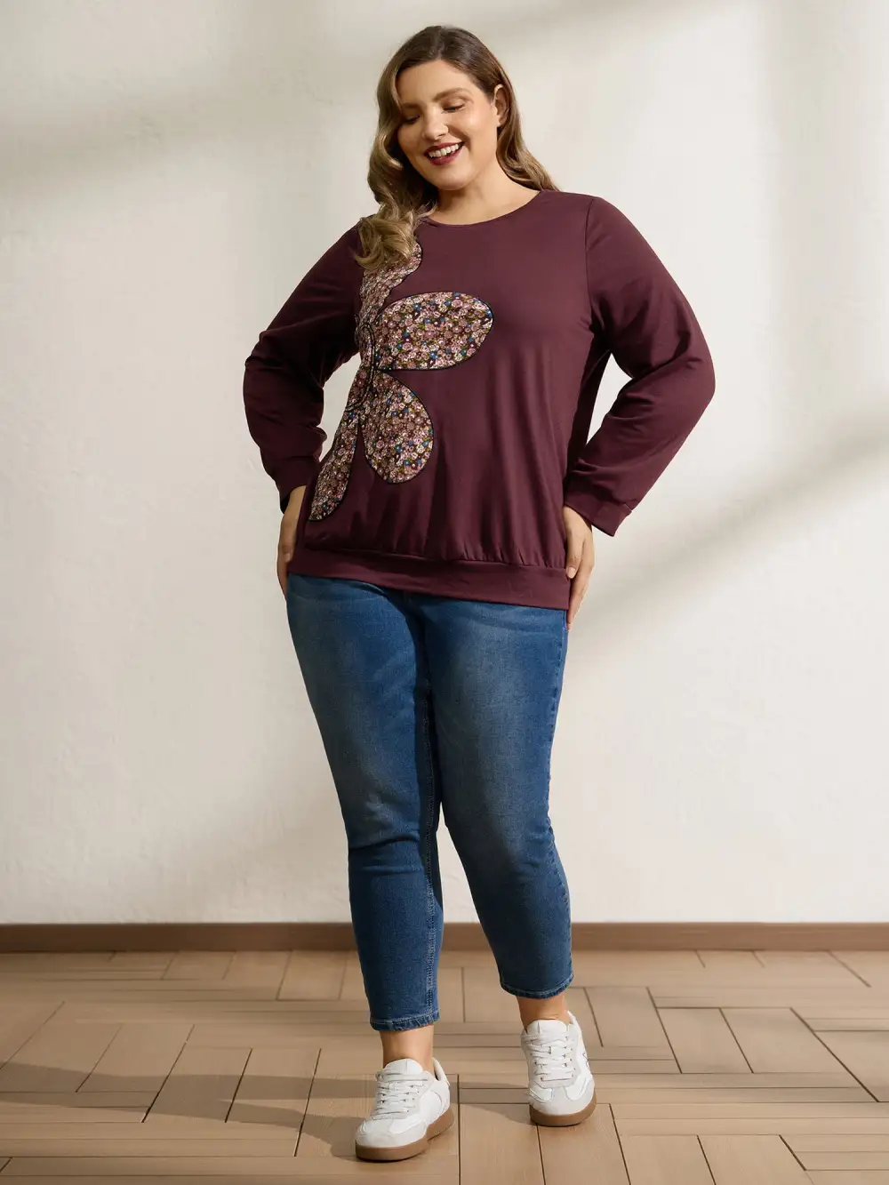 Half Floral Applique Embroidery Sweatshirt