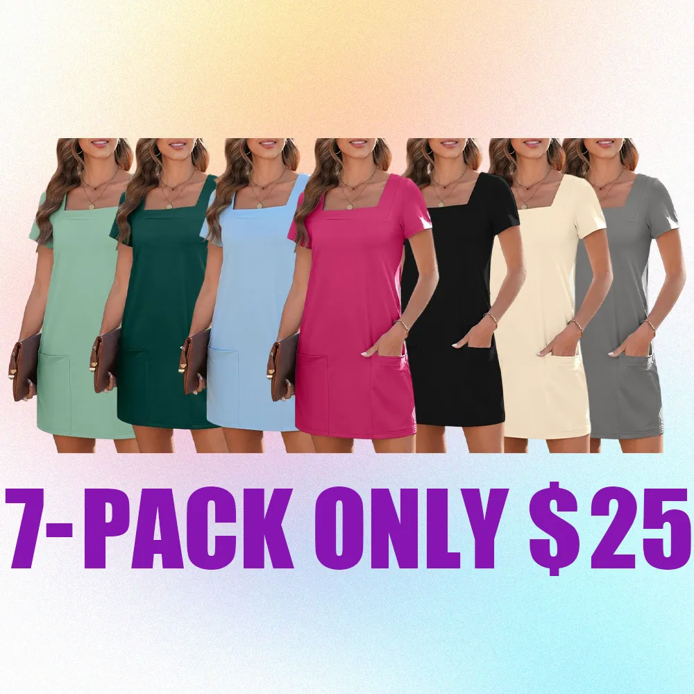 Women's Solid Color Square Neck Mini Dress with Pockets – Casual Short Sleeve Summer Outfit, Minimalist & Comfortable 2025 Daily Wear