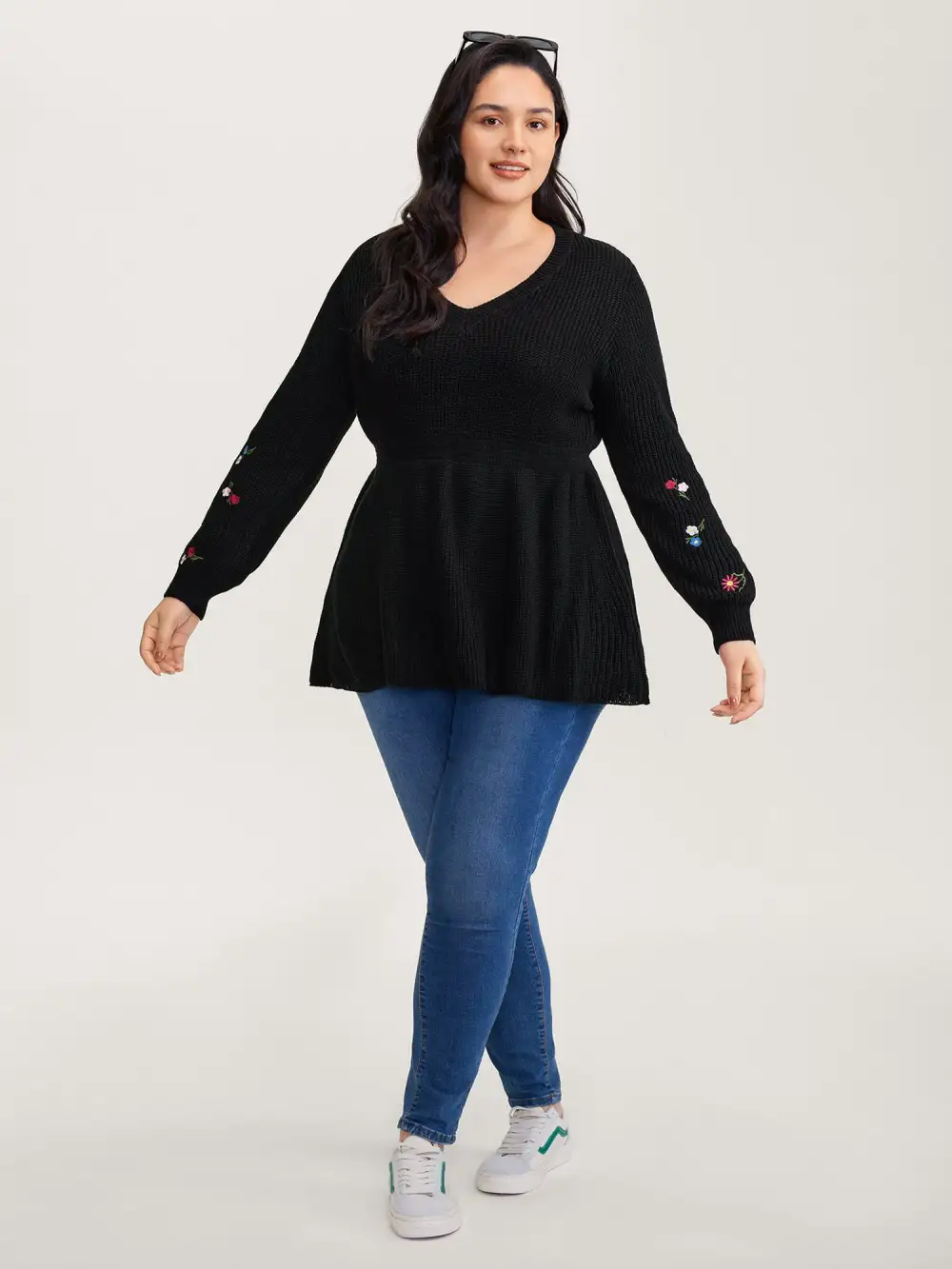 Embroidered Sleeve Stretchy Cinched-Waist Pullover