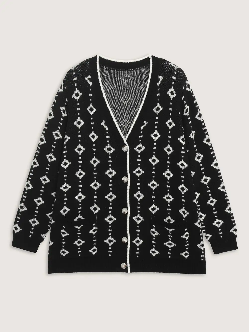 Supersoft Geometric Pattern Pockets Button Knit Cardigan