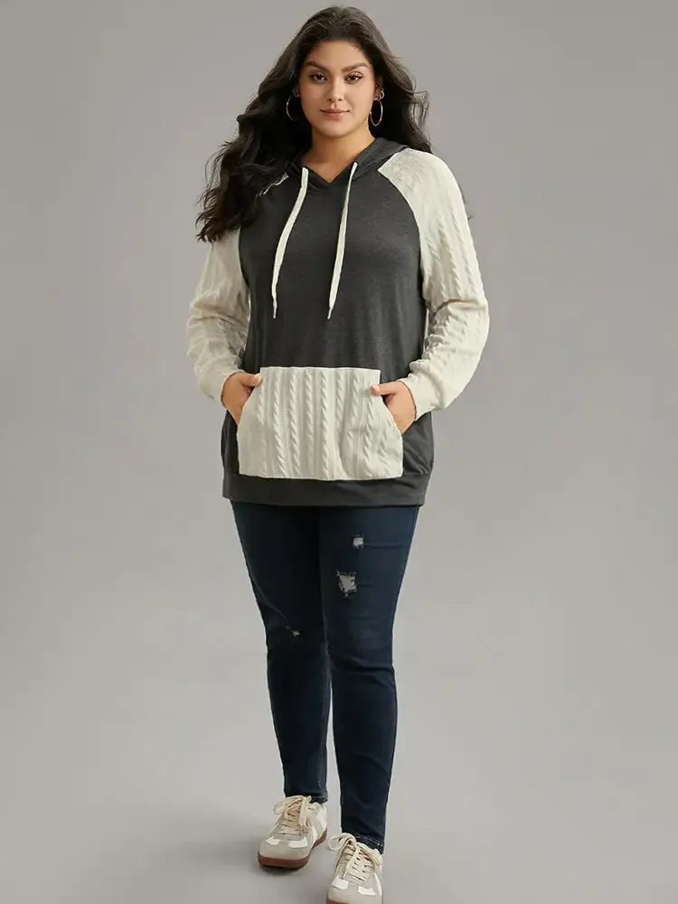 Contrast Cable Knit Pocket Hooded Drawstring Sweatshirt
