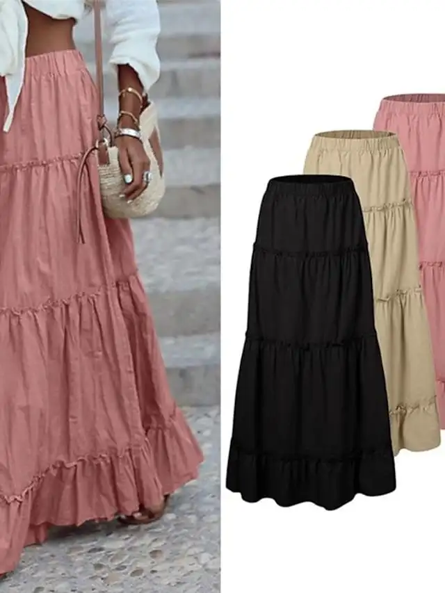 Women's Skirt Swing Maxi Cotton Blend Black Pink khaki Skirts Ruffle Fashion Casual Daily S M L