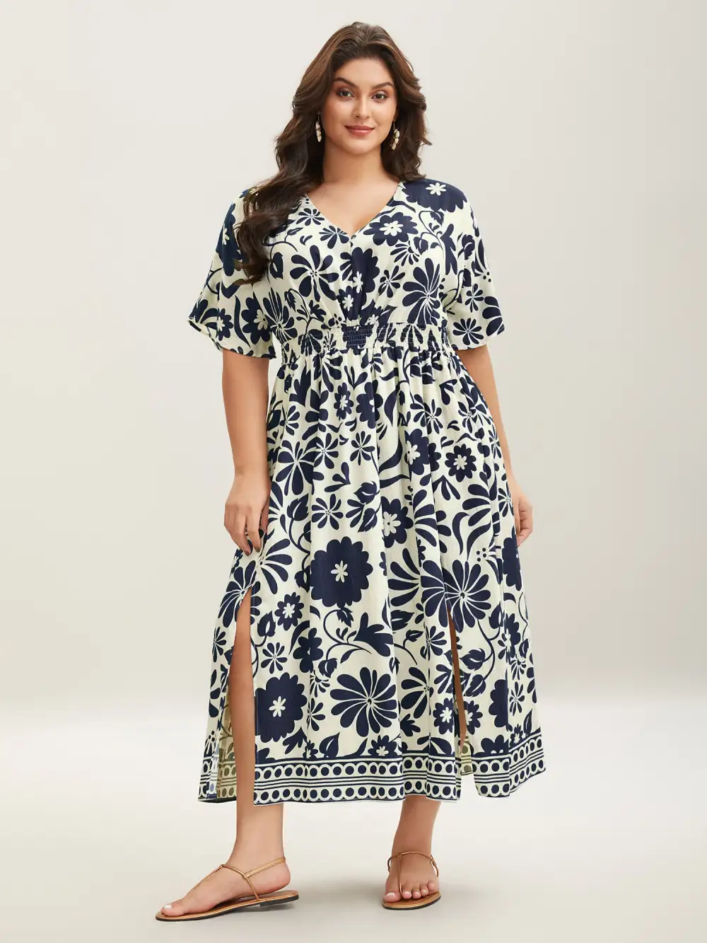 Large Floral Print Pockets Midi Dress