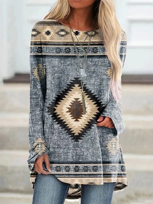 Women's T shirt Tee Burgundy Tee Tunic Shirts Marron Yellow Light Green Geometric Plaid Print Long Sleeve Casual Vintage Tunic Ethnic Round Neck Regular Fit Bohemian Theme Geometric Plus Size Fall
