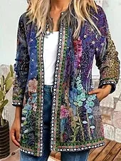 Women's Casual Lightweight Coat Open Front Work Print Geometric Comfortable Boho Vintage Regular Fit Long Sleeve With Pocket Outerwear Long Sleeve Fall Lake blue S