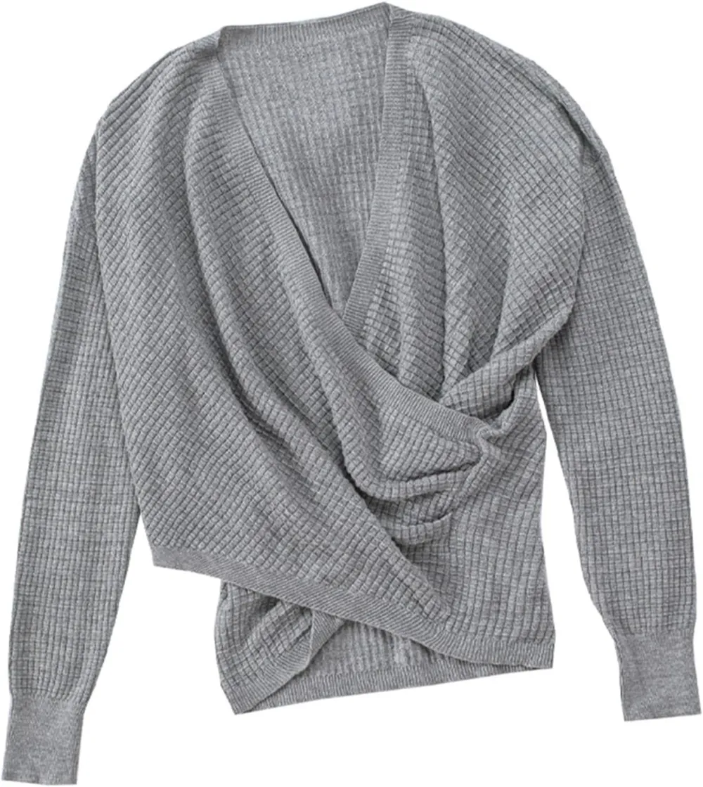 Women's Fall Sweater 2023 Wrap Sweaters Long Sleeve Knitted Asymmetric Hem Pullover Solid Color Tops Sweater